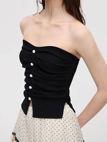 Image of CIDER Faux Pearl Tube Tops for Women Split Hem Knit Crop Y2K Going Out Tops | Cute Ruched Tops, Spring Summer Outfits, Vacation, Concert