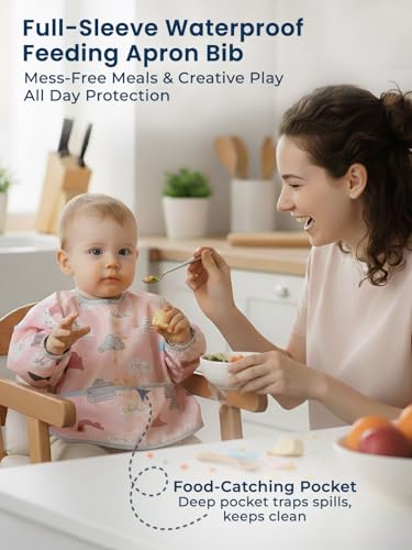 Image of POLKA TOTS Reusable Full Sleeve Baby Bibs for Infants & Toddlers | Waterproof & Washable Feeding Apron with Food Catching Pocket | Drooling Apron | Food Catcher | Clothing Protector for Boys & Girls