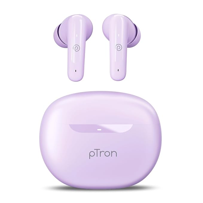 pTron Bassbuds Astra in-Ear TWS Earbuds with Stereo Sound, 34Hrs Playtime, Stereo Calls, Bluetooth V5.3 Headphones with Quick Pairing, Touch Control, Voice Assistant, Type C Charging & IPX4 (Lilac)