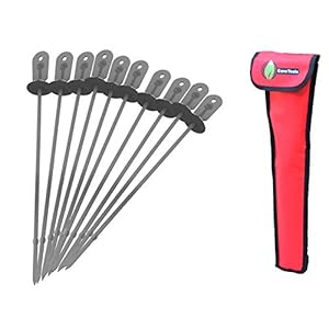 Cave Tools Skewers Set – 10 Stainless Steel Wide BBQ Kebob Sticks for BBQ Grill – Flat Metal with Food Remover Disc…