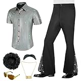 BONGZUO Mens 6Pcs 70s Disco Costume Outfits Short Sleeve Retro Shirt With Bell Bottom Pants(Z3796WH,XL)