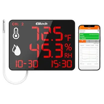 Elitech Bluetooth Hygrometer Thermometer Reusable Temperature Recorder Data Logger Temperature Humidity with Large Screen Data Storage Export, DR-230-THE with External Temperature and Humidity Sensor
