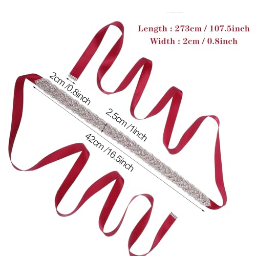 Bling Bridal Rhinestone Belt, Handcrafted Sparkly Rhinestone Belts for Formal Dress, Wedding Dress Belt Glitter Ribbon Waist Belts for Women Jeans Shiny Party Wedding (Burgundy)2