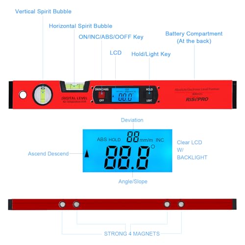Neigungsmesser, RISEPRO Digitale Neigungsmesser Winkel Finder Gauge Spirit Level aufrecht Magnet 360 ° Range 416 mm lang mit Hintergrundbeleuchtung Rot