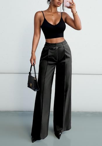 LETSVDO Women's Straight Leg Dress Pants High Waisted Belted Pleated Wide Leg Slacks Trousers(for Work,Business,Office)4