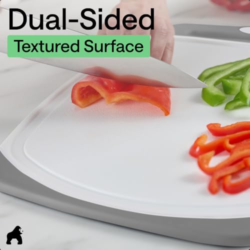Image of GORILLA GRIP BPA-Free Reversible Kitchen Cutting Board Set of 3, US Designed, Nonporous, Juice Grooves Catch Liquid, Slip Resistant Border, Dishwasher Safe, Durable Large Food Chopping Boards, Gray