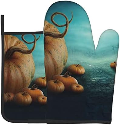 Halloween Pumpkin Forest Print Oven Mitts Pot Holders Sets Heat Resistant Non Slip Kitchen Gloves Hot Pads for Cooking BBQ Baking Grilling