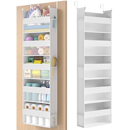SONGMICS Over The Door Organizer, Hanging Door Organizer with 5 Large Pockets, 5-Tier Fabric Storage, Transparent Nylon Mesh, Foldable, Metal Hooks, with Side Pouches, Cloud White URDH007W01