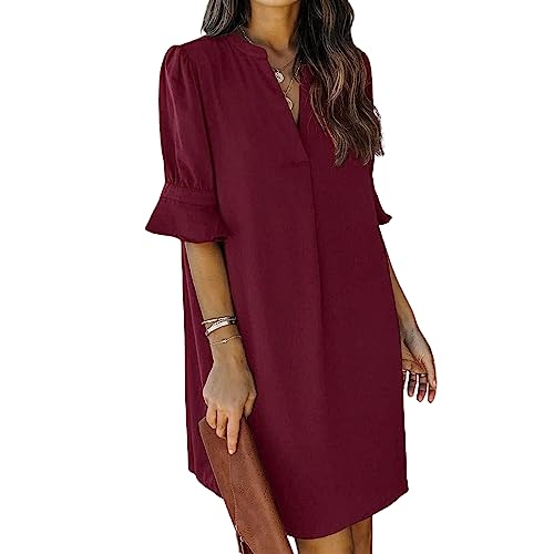 Toumov Dresses for Women Elegant Mini Dresses Casual Summer V Neck Ruffle Short Sleeve Shift Dress Solid Color Dress