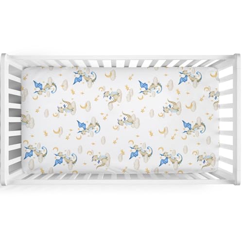 Image of Cartoon Fairy Tale Dragon Moon Stars Clouds Baby Crib Sheets 52''x28'' Watercolor Dragons Stretchy Fitted Crib Mattress Cover for Boy Girl Soft Bed Sheet for Standard Crib and Toddler Mattress