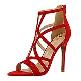 Absatzhöhe：11cm KutuKowi Damen Elegant Stiletto Sandalen Open Toe Schuhe Reißverschluss Höhe Ferse Sandalen Cut Out Gladiator Schuhe Red Große 39 Asiatisch