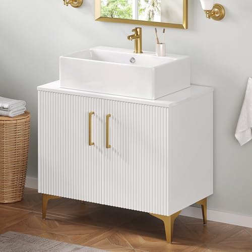 YITAHOME 30 Inch Bathroom Vanity with Vacuum Forming, Freestanding Storage Cabinet Vanity with Counter Top Sink Combo, 2 Large Soft Closing Doors with Shelf, Gold Handles & Legs, White