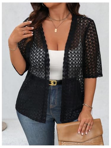 OYOANGLE Women's Plus Size Floral Lace Open Front Crochet Cardigans Short Sleeve Lightweight Loose Jackets4