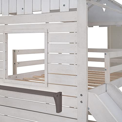 Bellemave Twin House Bunk Bed With Slide For Kids, Wooden Bunk Bed With Roof, Playhouse Bunk Bed Frame Twin Over Twin For Girls Boys,Antique White #TOP7