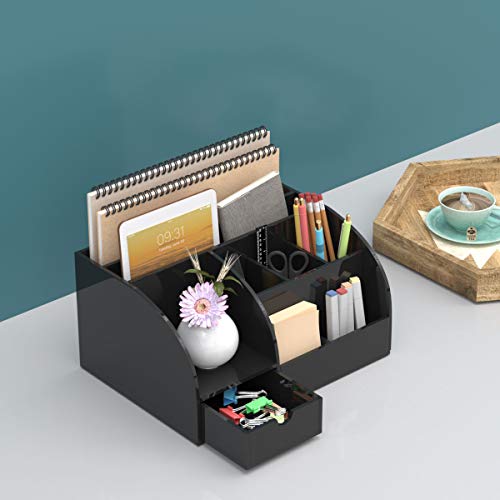 FEMELI Office Desk Organizer and Accessories, Acrylic Desk Organizer with 8 Compartments +1 Drawer(Black)