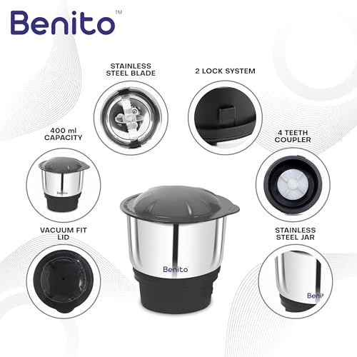 Image of Benito ECO Stainless Steel Chutney Jar(400ml) for Mixer Grinder - Compatible with 4-Teeth Coupler & Dual Locking System