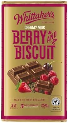 Whittaker's Classic Block, Crafting New Zealand’s finest chocolate since 1896, Imported from New Zealand (Pack of 1, Berry & Biscuit, 33% COCOA • 5 ROLL REFINED, 250G)