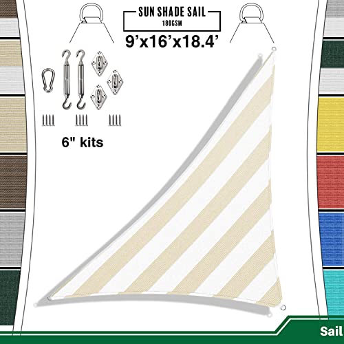 Goleray 9'x16'x18' Shade Sail with Hardware Kit Right Triangle Canopy Heavy Duty UV Block Weather Resistant Patio Awnning for Garden Yard Backyard Commercial Grade (Beige white)
