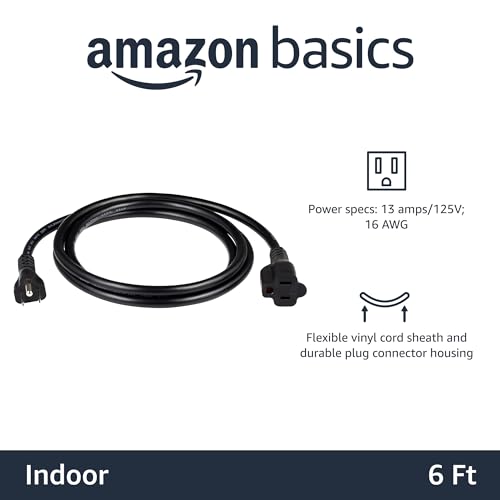 Image of Amazon Basics Indoor Extension Cord, 3 Prong Outlet Extender Power Cord, 13 Amps, 125V, 6 Foot, Black, 2-Pack