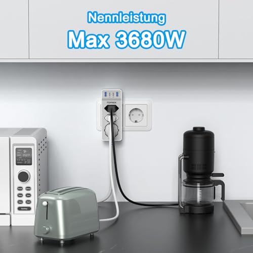 Doppelstecker für Steckdose, Mehrfachstecker mit USB, 7 in 1 Doppelsteckdose Steckdosenleiste mit USB Steckdosenadapter 3 Fach, 4000W 16A Mehrfachsteckdose Ohne Kabel Steckdosenverteiler, Grau 5