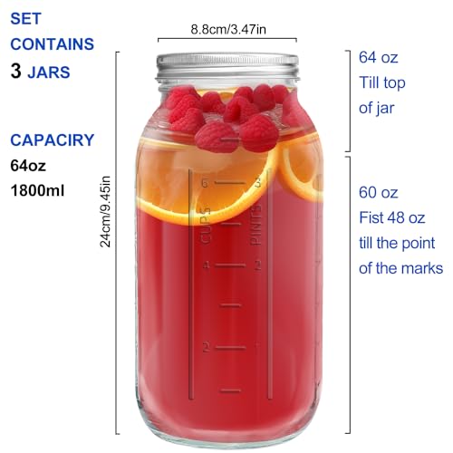 eleganttime 64 oz Mason Jar Wide Mouth 3 Pack,Large Half Gallon Mason Jar with Airtight Lid,Big 1/2 Gallon Big Mason Jars for Canning,Pickling, Fermentation and Preservation