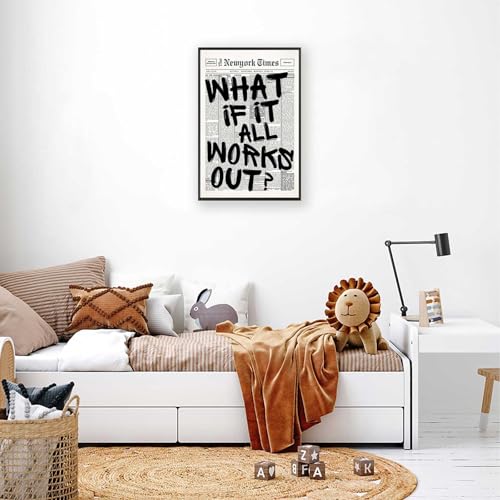 Image of Retro Black And White Newspaper Poster What If It All Works Out Canvas Wall Art Positive Affirming Quote Minimalist Prints Painting For Home Bedroom Dorm Wall Decor 12x18in Framed