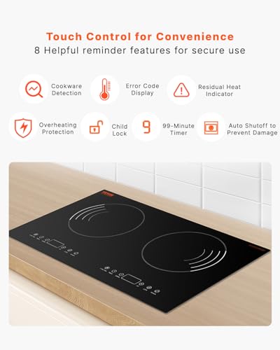 Image of VEVOR Induction Cooktop, 1800W Electric Countertop Burner with 9 Power Settings, 2 Burner Touch Control Stove, Built-in Induction Cooktop, Include 99-Min Timer, Child Safety Lock, Glass Surface