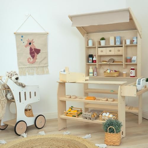 Foto von Meppi Kaufladen Caramel aus Holz Natur - Kaufmannsladen für Kinder - Marktstand