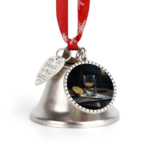 Glass of Water with Lemon Christmas Bell Ornament Shiny Silver Christmas Tree Ornament with Angel Wing and Heart Charms Christmas Tree Bell Pendant with Ribbon for Indoor Outdoor Home Decoration