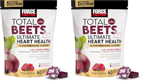 Image of Force Factor Total Beets Ultimate Heart Health Chews for Blood Pressure Support,Beetroot Powder,CoQ10,B Vitamins&Grapeseed Extract for Blood Flow & Energy,Pomegranate Berry,60 Soft Chews,(Pack of 2)