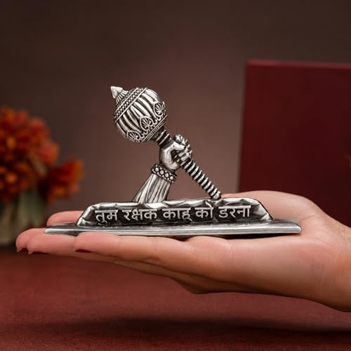 Image of Hanuman Gada Idol for Car Dashboard (Height - 5.5cm)| Bajrangbali /Anjaneya with inchTum Rakshak Kahu Ko Darna inch Quote | Gold Plated Vastu Protection Showpiece & Spiritual Gift (Antique Silv)