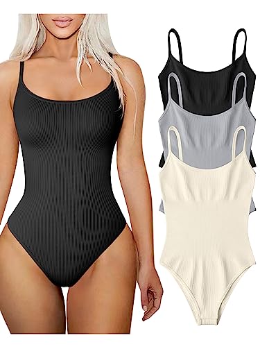 TOB Women's 3 Piece Bodysuits Sexy Ribbed Adjustable Spaghetti Strips Sleeveless Tops Shapewear Bodysuits Black Grey Beige
