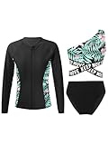 Linyuir Mädchen Pezzi Set Tankini con Stampa di Foglie di Palma Protezione UV Costumi da Bagno Maniche Lunghe Camicia da Bagno con Zipper sopra Bikini E Shorts da Nero 9-10 Anni