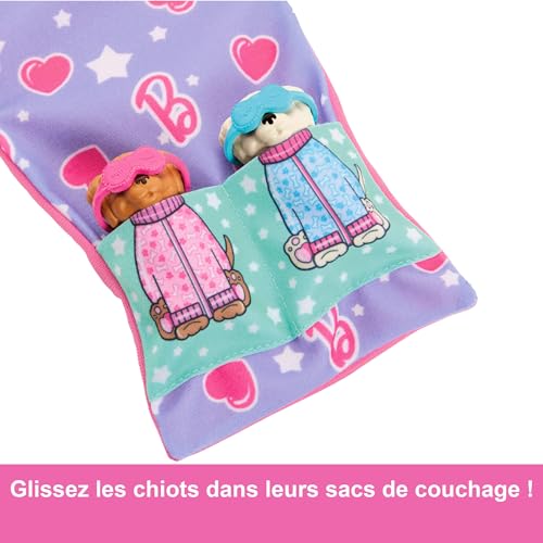 Barbie Soirée Pyjama Chiots Coffret avec poupée, 2 figurines de chiots et plus de 10 accessoires, changement de couleur, sac de couchage, masques pour les yeux et plus encore, HXN01