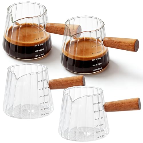 Behogan Juego de 4 tazas medidoras para café expreso de 180 ml con mango de madera: tazas de café expreso con mango de madera, jarras de café expreso de cristal, para cocina, oficina, cafetería y