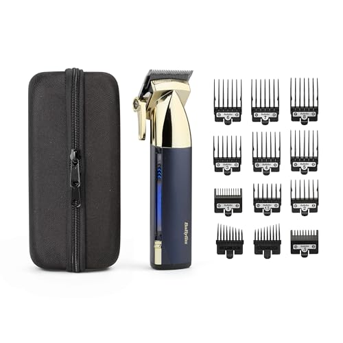 BaByliss Super-X Metal Series Cordless Hair Clipper - Japanese Steel Blades 10 Comb Attachments 2 Tapered Guides Lithium Battery Digital Display Metal Body Blue/Gold E992U