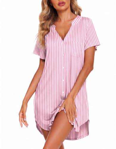 Image of Ekouaer Nightgowns for Women Button Down Sleepshirts V Neck Sleep Dress
