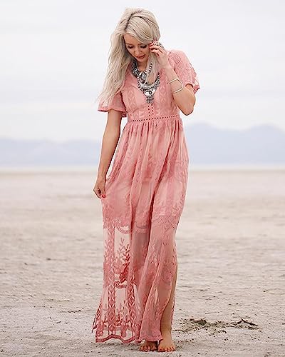 Image of LRISES Womens V Neck Floral Embroidered Lace Wedding Maxi Dress Boho Bridesmaid Evening Party Bridal Shower Dresses Pink