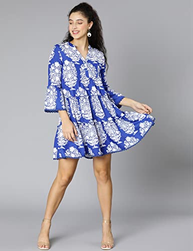 Image of oxolloxo Women Viscose Flared Regular Sleeves Floral Blue Casual Dress