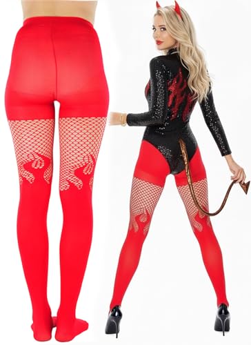 Image of ToBeInStyle Women's Flame Burning Fire Tights w /Devil-Inspired Print Hosiery