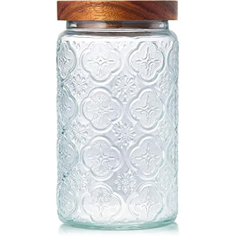 FavorFlavor Vintage Glass Storage Jar 33.8oz, With Airtight Wood Lid, Glass Kitchen Canisters for Kitchen Counter, Pantry, Tea, Sugar, Coffee Tea Beans,Flour (Begonia) Cover