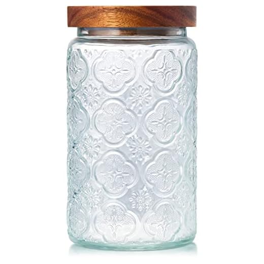 Weselljars Vintage Glass Storage Jar 33.8oz, With Airtight Wood Lid, Glass Kitchen Canisters for Kitchen Counter, Pantry, Tea, Sugar, Coffee Tea Beans,Flour (Begonia)
