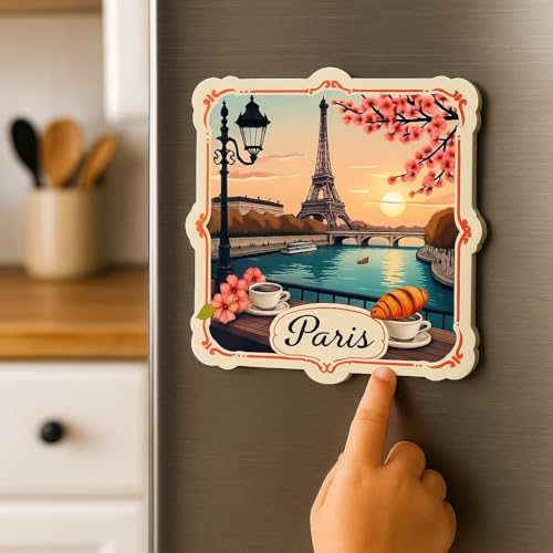 Image of Naxon Paris City Theme Souvenir Wooden Fridge Magnet | Eiffel Tower Design 3x3 Inch Stylish Refrigerator Magnet for Kitchen & Home Decor | Travel Souvenir Gift from Paris | Pack of 1