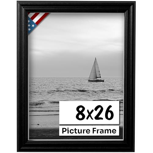 Black 8x26 Picture Frame .75" Inch Wide - Black Wall Decor Handmade Solid Wood Frames with Preinstalled Hangers and UV Blocking Plexiglass 26x8 Frame