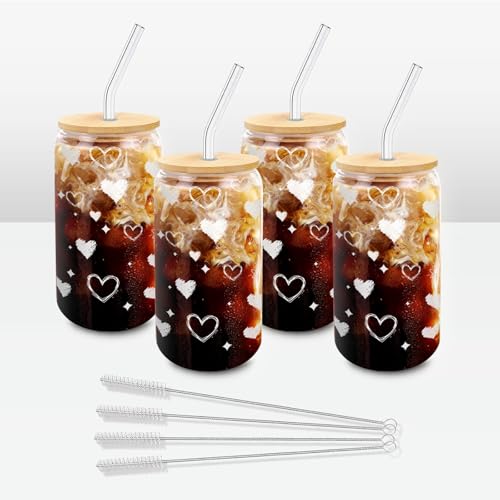 DAMCONME Glass Cups with Lids and Straws – 4 Pack 16oz Heart Tumblers for Cold Drinks, Iced Coffee, Tea, Juice – Sharing Drinkware for Friends, Couples & Gifts