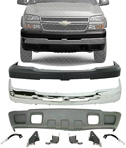 US AUTO PARTS PLUS New Front Bumper Chrome + Upper Cover Textured + Lower Valance + Brackets 6 Pcs Right & Left Side Direct Replacement For Chevrolet Silverado 2500HD 3500 2003-2006 GM1051109