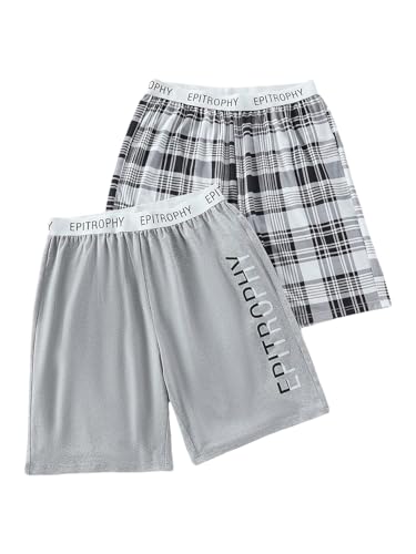 SweatyRocks Men's 2 Pack Pajama Bottoms Plaid Letter Print Elastic Waist Straight Leg Lounge Shorts