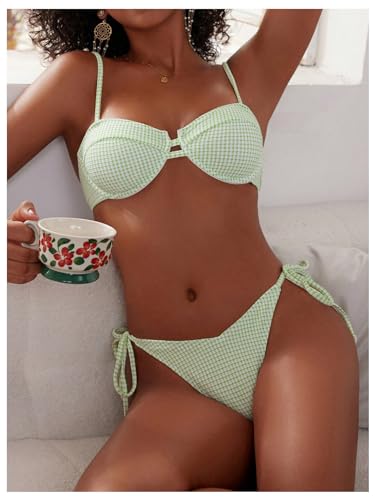 SweatyRocks Women's Two Piece Bikini Set Gingham Plaid Push Up Swimsuit String Cheeky Bathing Suit4