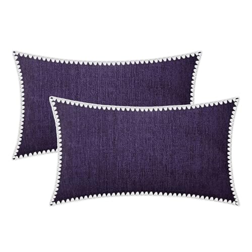 BRAWARM Chenille Throw Pillow Covers 12x20 Inches, Purple, 2 Pack