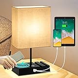 USB Small Table Lamp With Wireless Charger,3 Way Dimmable Bedside Table Lamp with USB Port, Type C P